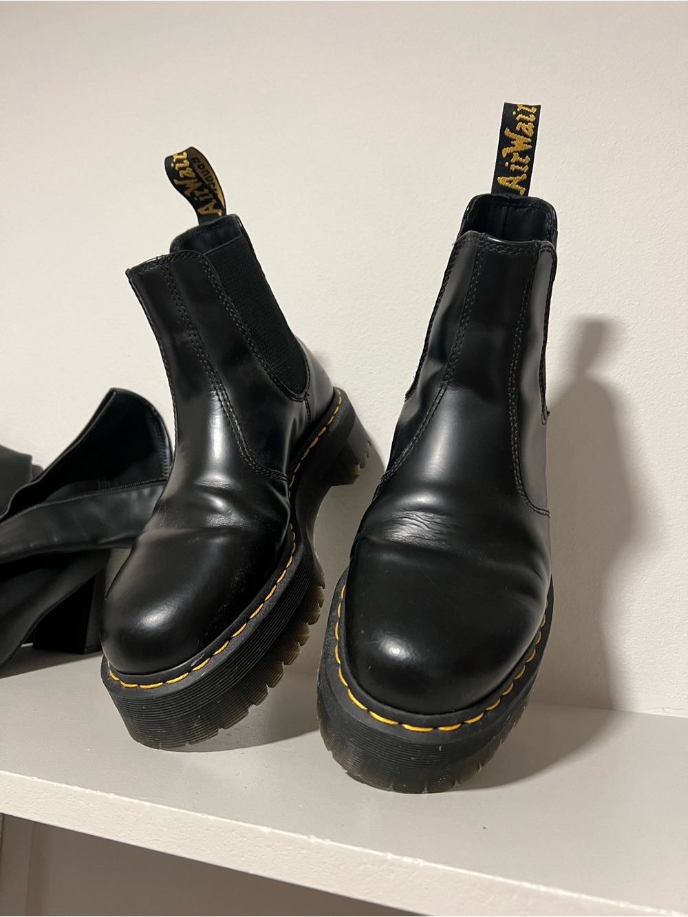 Dr. Martens Black Leather Chelsea Platform Boots with Yellow Stitching - Picture 1 of 2
